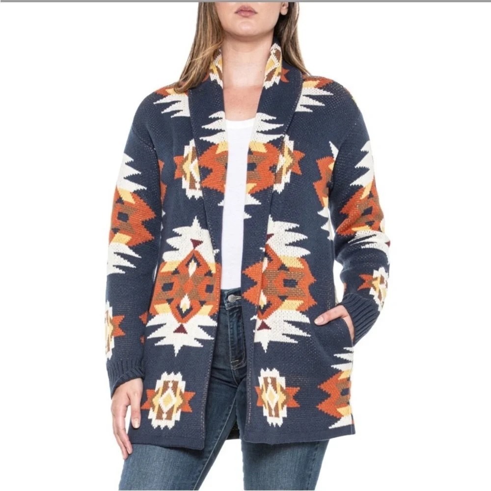 Lucky Brand Navy Aztec Open-Front Cardigan Women's Size Large- Western Cowgirl